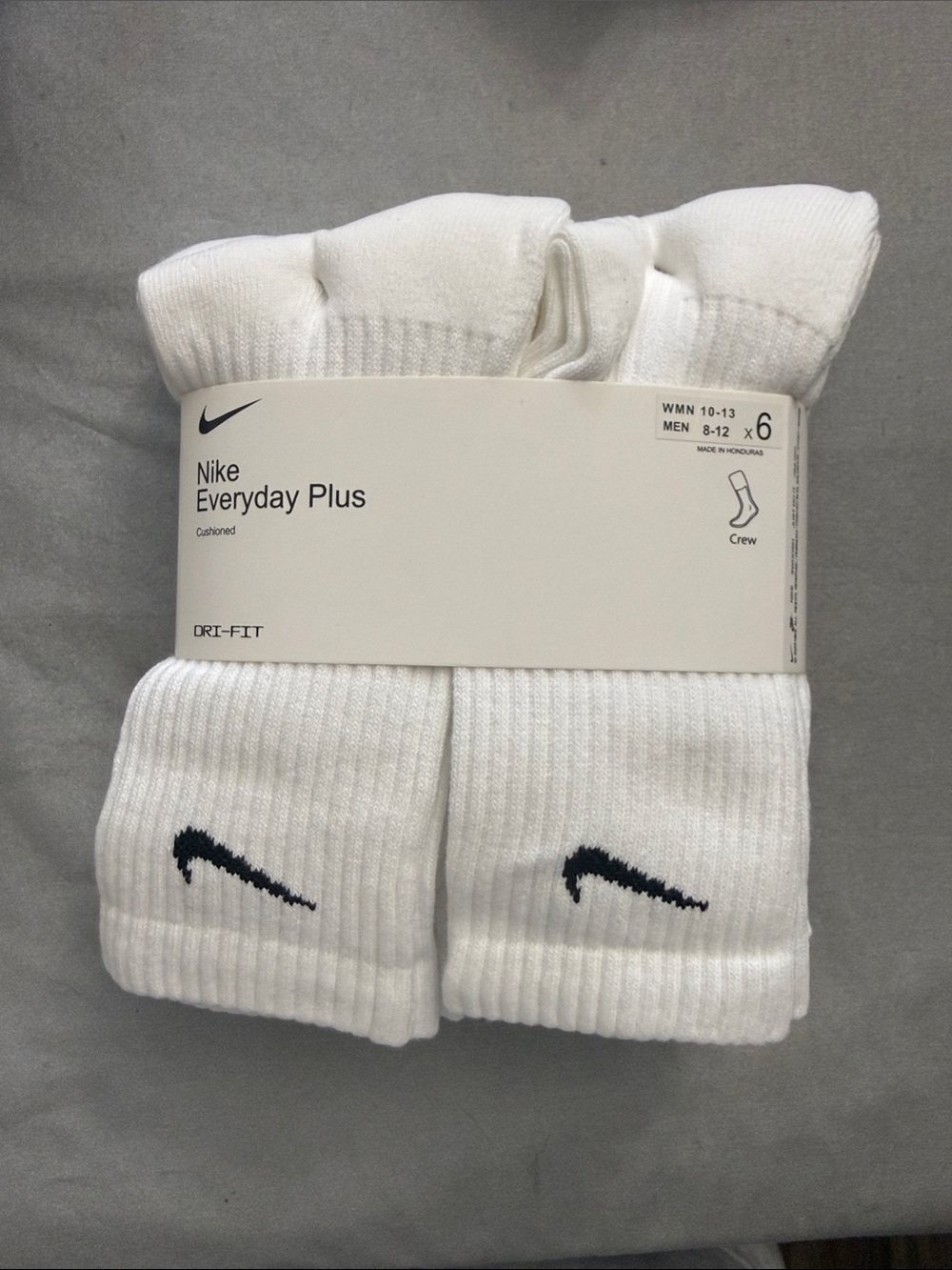 Nike White Crew Athletic Socks with Black Swoosh - 6 Pack WMN 10-13, MEN 8-12